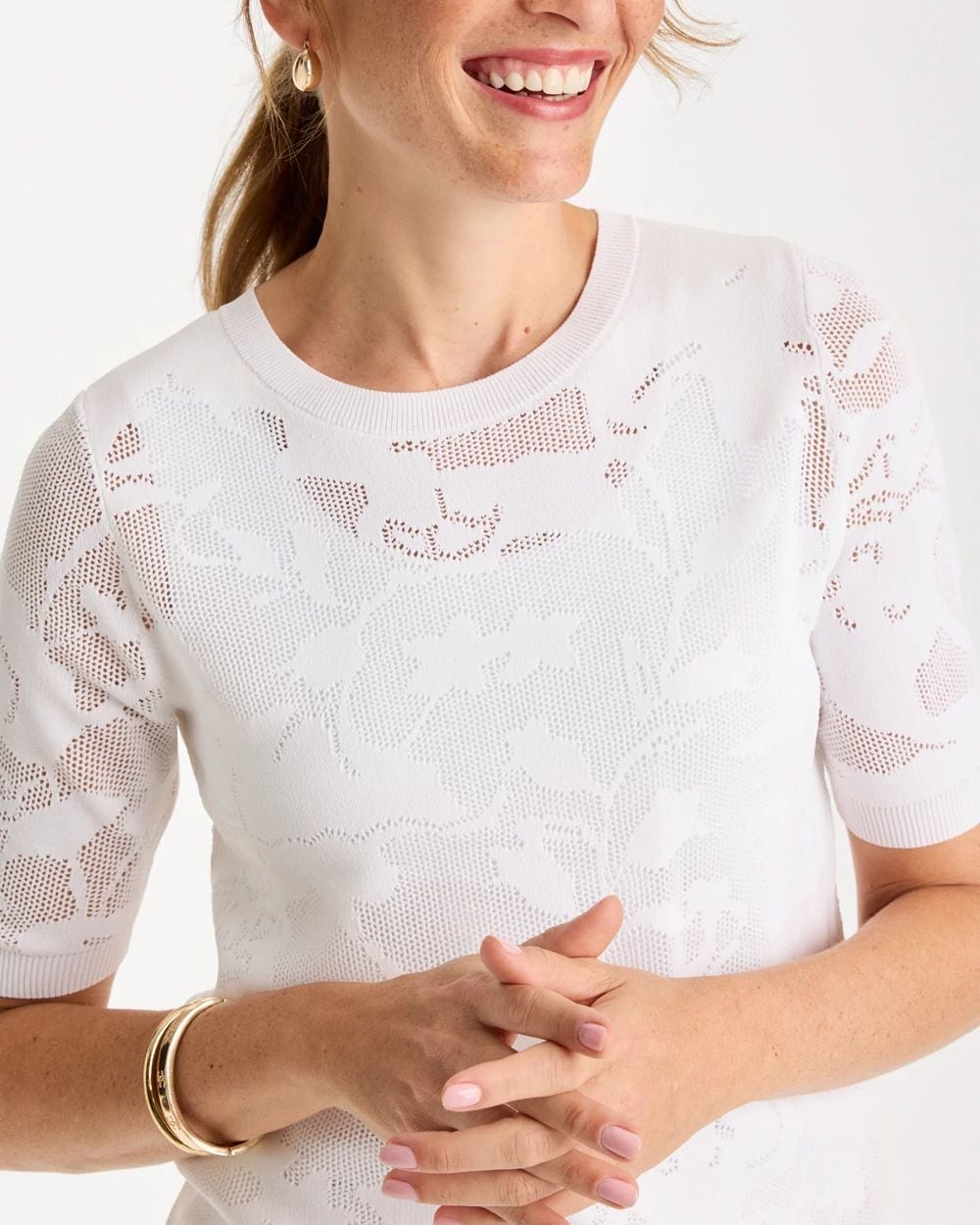 トップス eLLa sheer jacquard PO (white) Ella Short-Sleeve Pointelle Sweater | Chico's